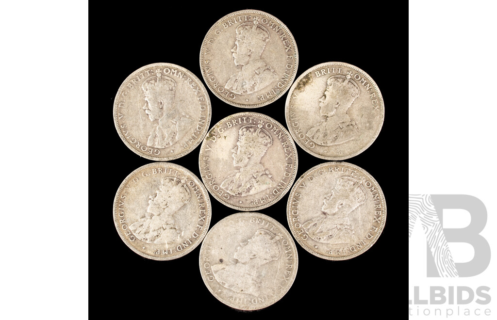 Seven Australian KGV Silver Florins, 1924(2) 1928(2) 1936(2) .925