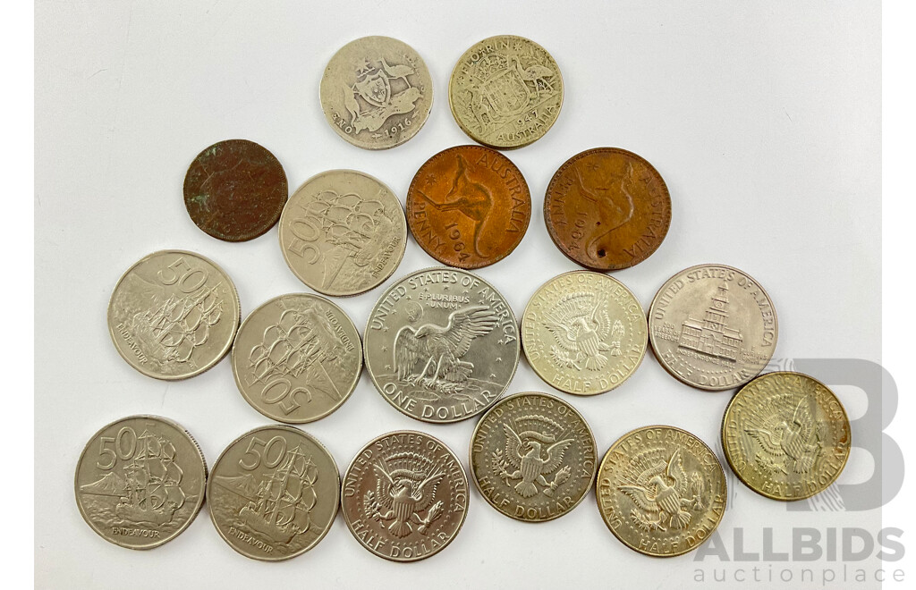 Australian Silver Florins 1916, 1947, Two 1964 Pennies, Two USA 1964, 1968 and 1969 Silver Half Dollars, 1974 One and Half Dollars, Five New Zealand Round Fifty Cent Coins, 1950 Half Penny