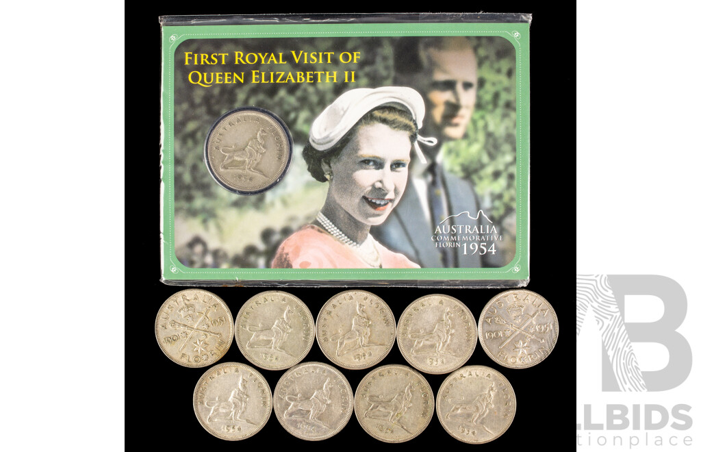 Ten Australian Commemorative Silver Florins, 1951(8) 1954(2) .500