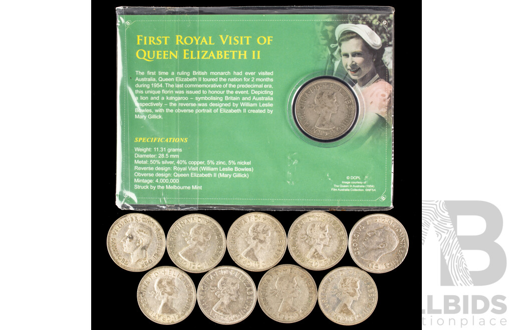 Ten Australian Commemorative Silver Florins, 1951(8) 1954(2) .500