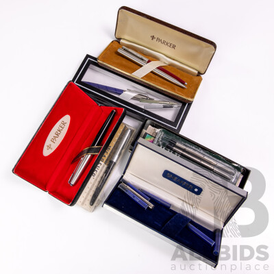Collection Pens Including Three Parker Ballpoint Examples in Cases, Parker Fountain Pen in Case, Box Parker Refills, Wearever Fountain Pen in Original Case and More