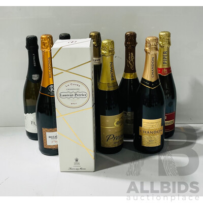 Collection Nine Sealed Bottles of Champagne & Proseco Including Laurent Perrier La Cuvee Brut Chamapgne in Box, Piiper Heidieck Cuvee Brut