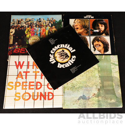 Collection Five The Beatles and Ex Beatles Members Vintage Vinyl LP Records Comprising Let It Be, the Essential Beatles, Sgt Pepper's, Wings at the Speed of Sound & John Lennon Plastic Ono Band