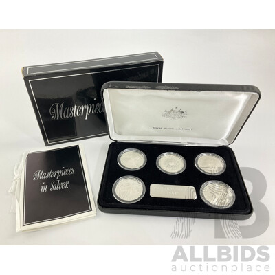 Australian RAM Masterpieces in Silver, Five Silver Commemorative Fifty Cent Coins, 1970, 1977, 1981, 1982 1989 .925