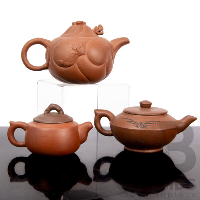 Collection Three Chinese Yi Xing Teapots Including Example with Moving Dragon to Lid