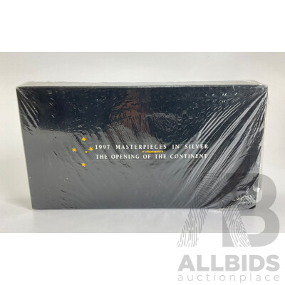 Australian RAM 1997 Masterpieces in Silver, Four Five Dollar Coin Set, The Opening of the Continent, in Origial Wrapping .925