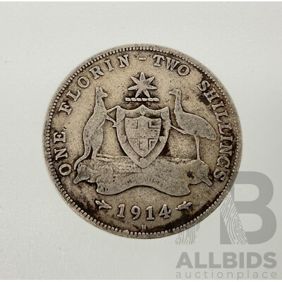 Australian 1914H KGV Silver Florin, Birmingham Mint .925