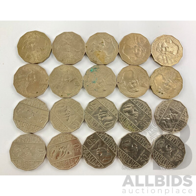 Twenty Australian Commemorative Fifty Cent Coins, Ten 1970 Captain Cook and Ten 1995 Weary Dunlop