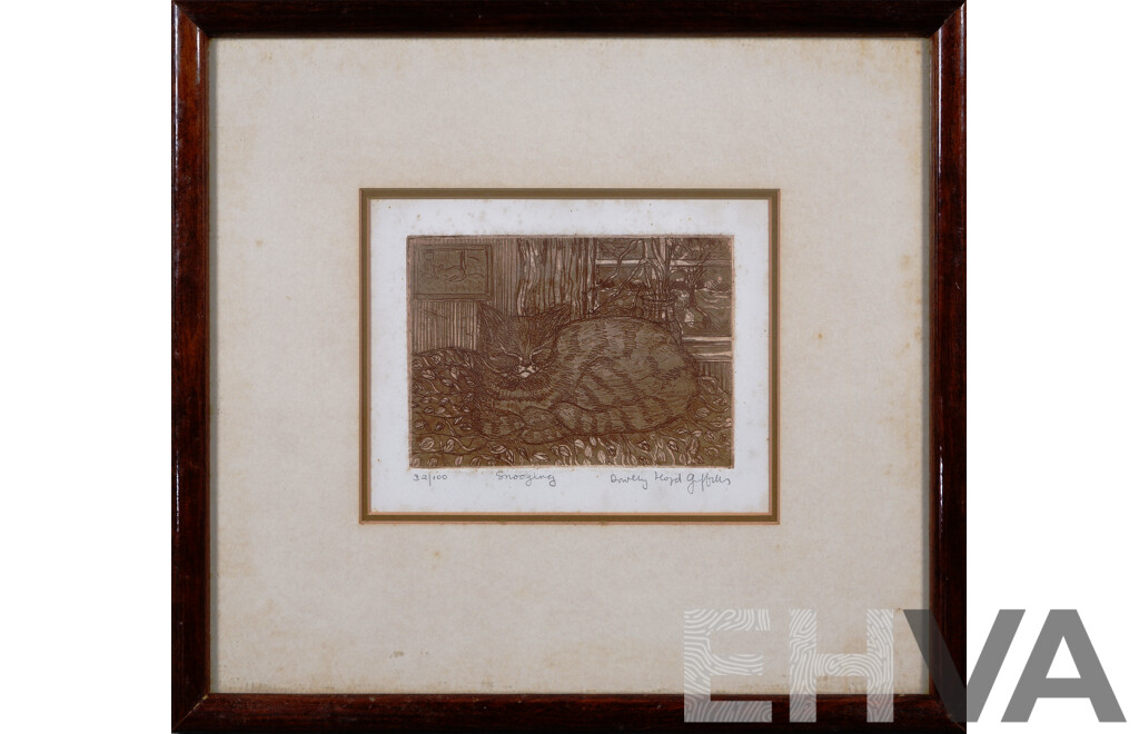 Dorothy Lloyd Griffiths, (20th Century, British), Snoozing, Etching, Limited Edition 32 of 100, 28 x 30 cm (frame)