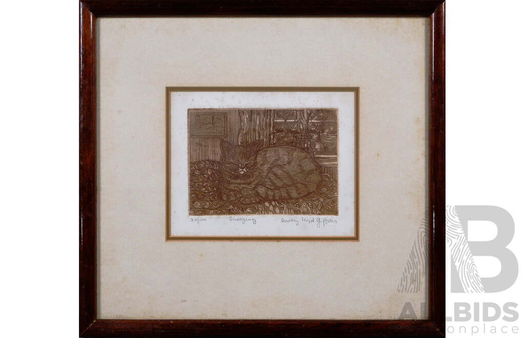 Dorothy Lloyd Griffiths, (20th Century, British), Snoozing, Etching, Limited Edition 32 of 100, 28 x 30 cm (frame)