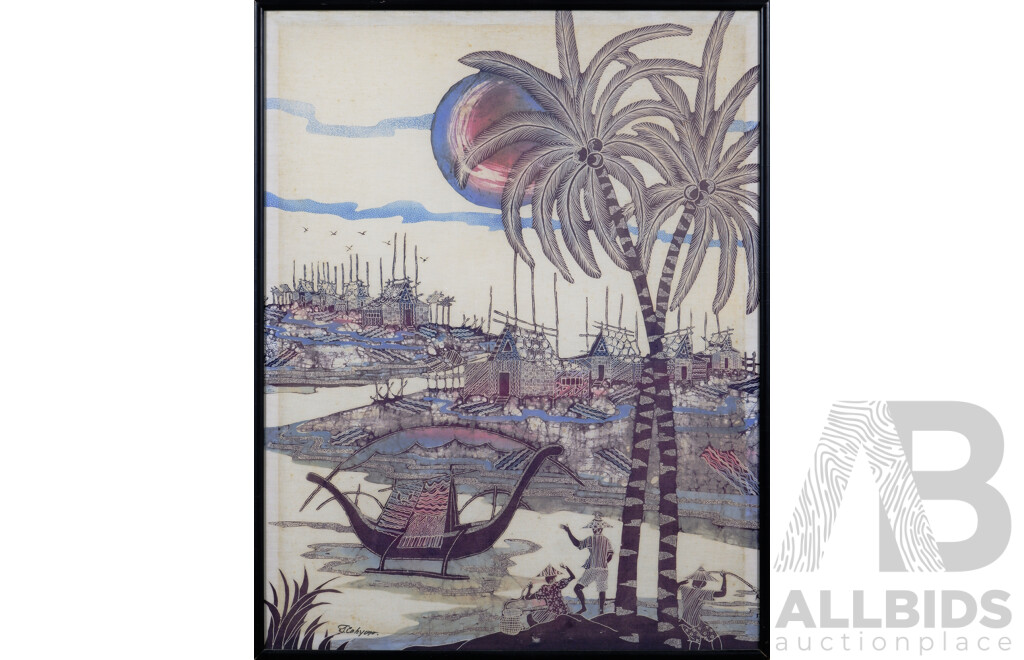 Artist Unknown, Possibly J Cakyono (20th Century, Thai School), Thai Fishing Village, Vintage Batik Ink on Cloth, 92 x 72 cm (frame)