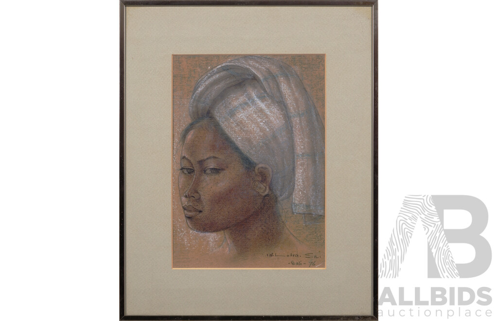 IW Lotra Sn, (20th Century, Balinese School), Portrait of a Young Balinese Woman in Head Dress with Earring, Pastel on Paper, 26.5 x 18.5 cm (image)