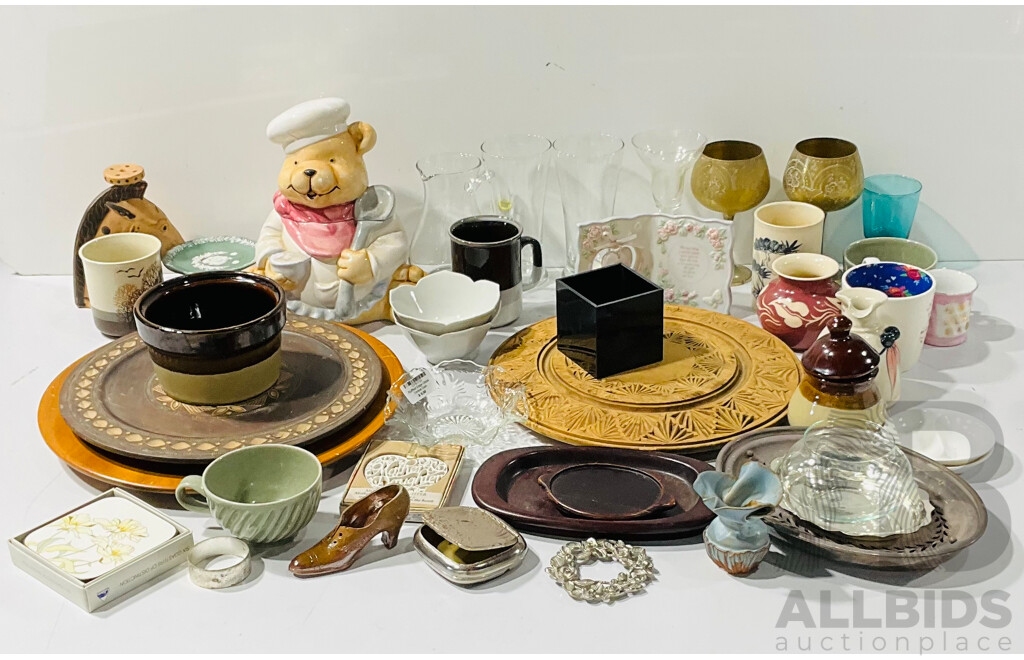 Collection Decorative Items Including Porcelain, Pair Celadon Cups, Chip Carrved Wooden Bread Board and Much More