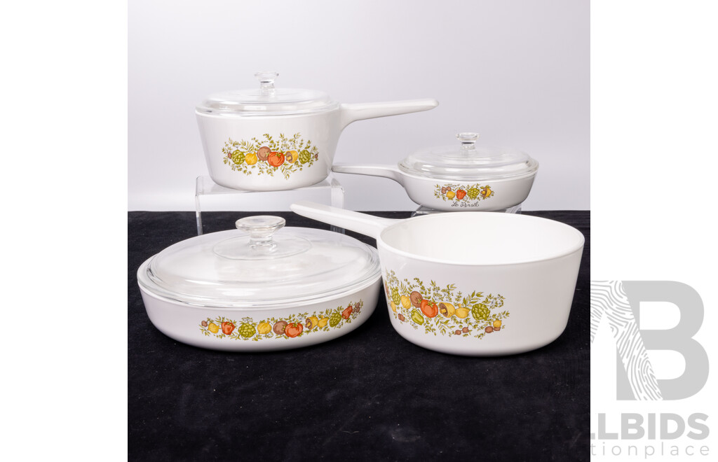 Set Four Vintage American Corningware Saucepans Including Three with Lids