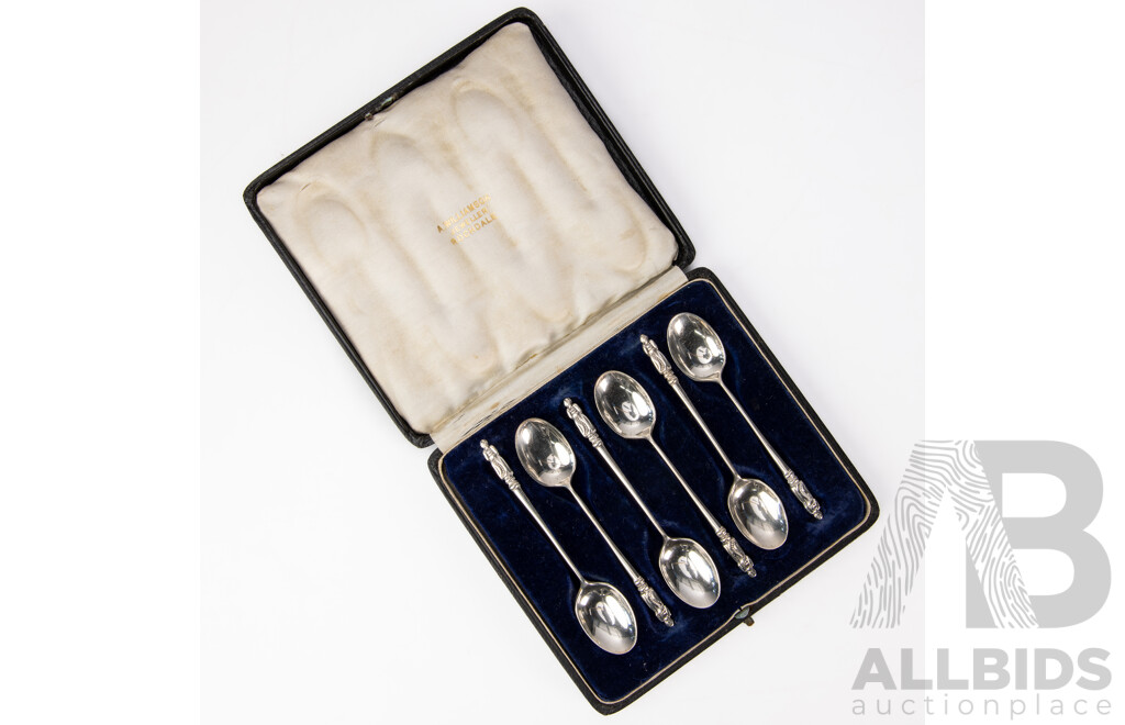 Antique Set Six Sterling Silver Apostle Coffee Spoons in Case, Sheffield 1916, Weight 76gm