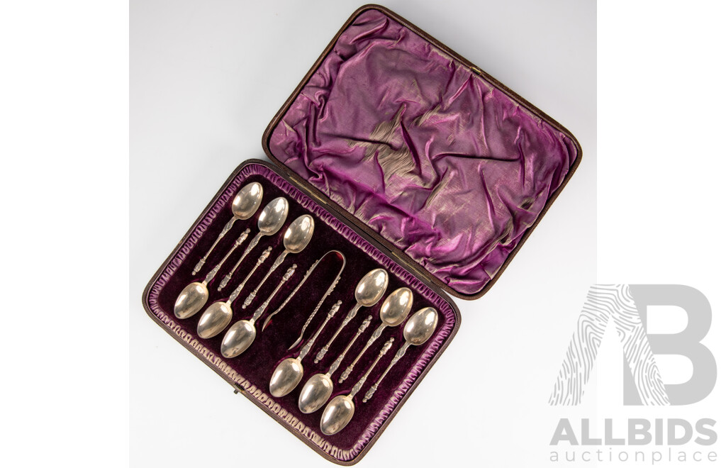 Fabtastic Antique Set 12 Sterling Silver Apostle Coffee Spoons with Tongs in Case, London 1889, Weight 160gm