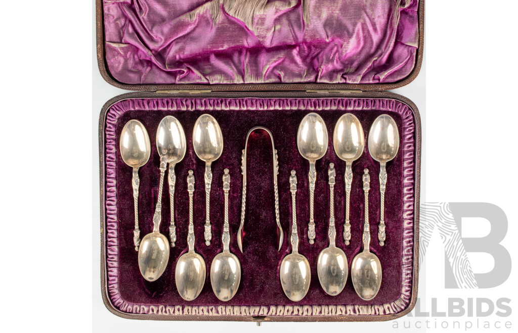 Fabtastic Antique Set 12 Sterling Silver Apostle Coffee Spoons with Tongs in Case, London 1889, Weight 160gm