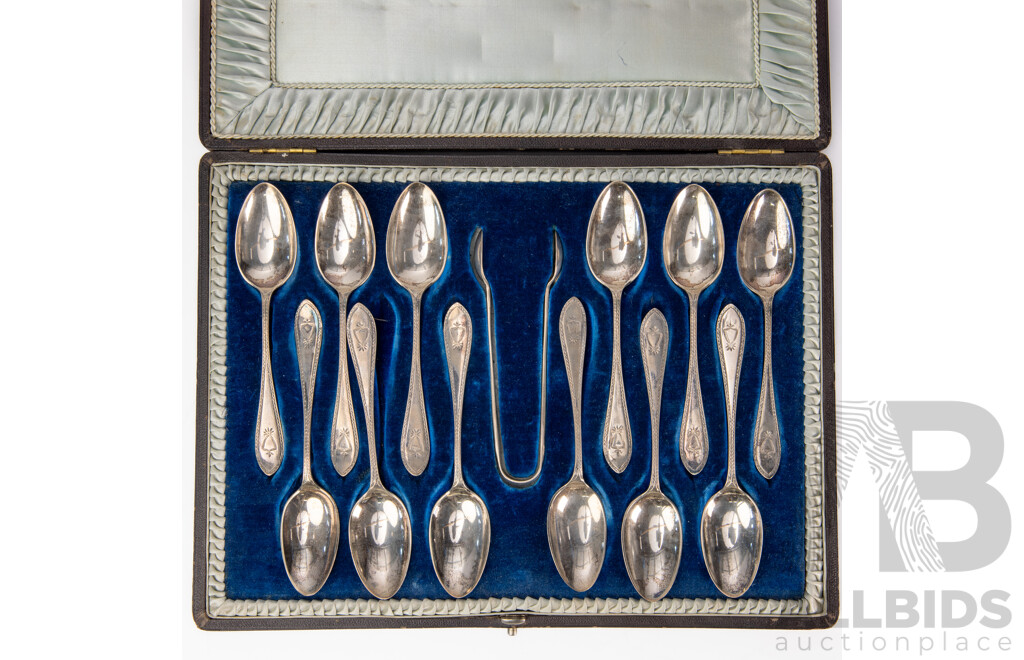 Antique Set 12 Sterling Silver Tea Spoons with Tongs in Case, Sheffield 1923, Weight 335Gm