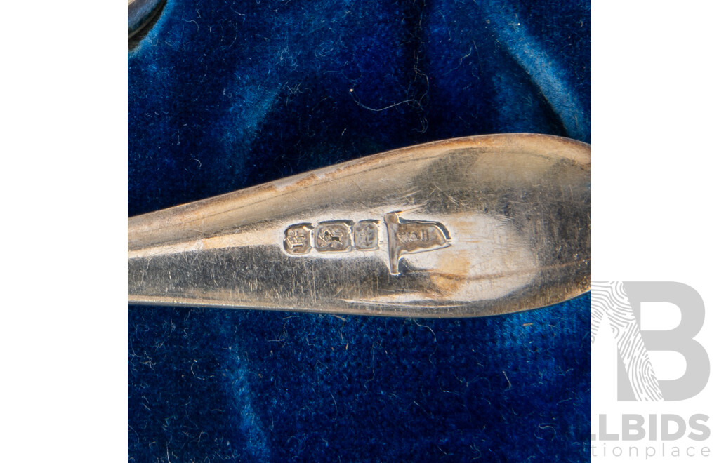 Antique Set 12 Sterling Silver Tea Spoons with Tongs in Case, Sheffield 1923, Weight 335Gm