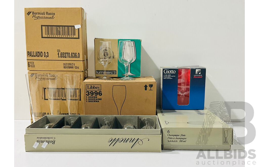 LArge Collection Boxed Stemware Including Bormioli, Luminarc and More