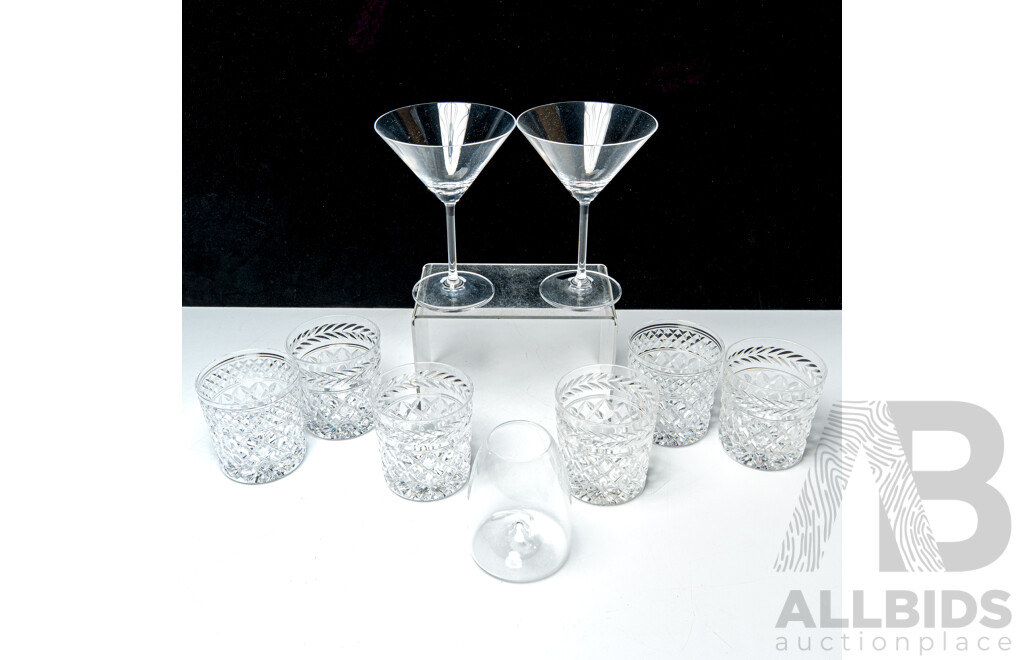 Collection Six Stuart Crystal Tumblers, Marquis for Waterford Crystal Pair Martini Glasses and Le Taster Glass by L'esprit & Levin