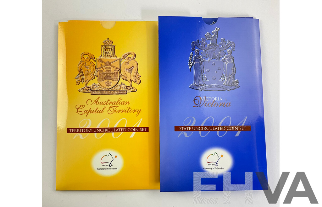 Two Australian RAM 2001 Centenary of Federation Three Coin Sets, One Dollar, Fifty and Twenty Cent, Victoria and Australian Capital Territory