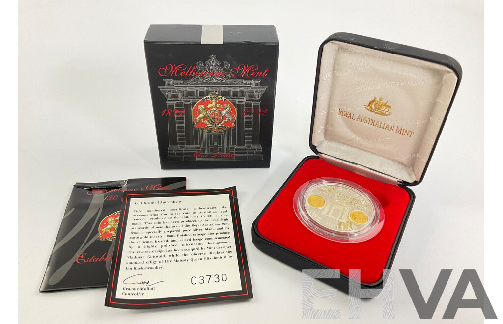 Australian RAM 2002 Silver Proof/Gold Inserts One Dollar Coin, Melbourne Mint 130 Years .999