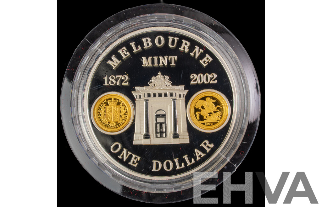 Australian RAM 2002 Silver Proof/Gold Inserts One Dollar Coin, Melbourne Mint 130 Years .999