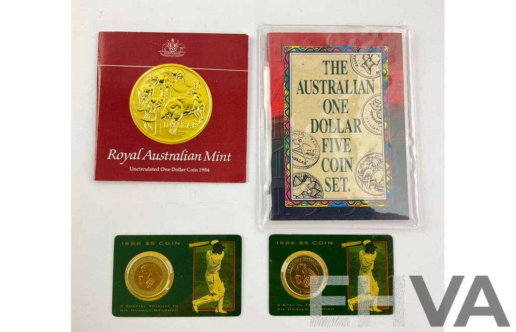 Australian RAM UNC One Dollar Coins Including Two 1996 Five Dollar Donald Bradman, 1984 First Year Issue, Five Coin Set Including 1984, 1985, 1986 Year of Peace......