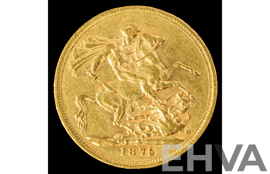Australian 1875 QV Gold Sovereign, Melbourne Mint, St George Reverse .917