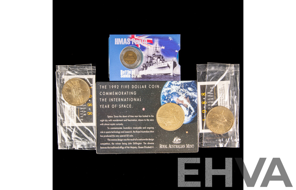 Four Australian Commemorative Five Dollar Coins Including Two 1988 Parliament House, 1992 Year of Space, 2002 HMAS Perth