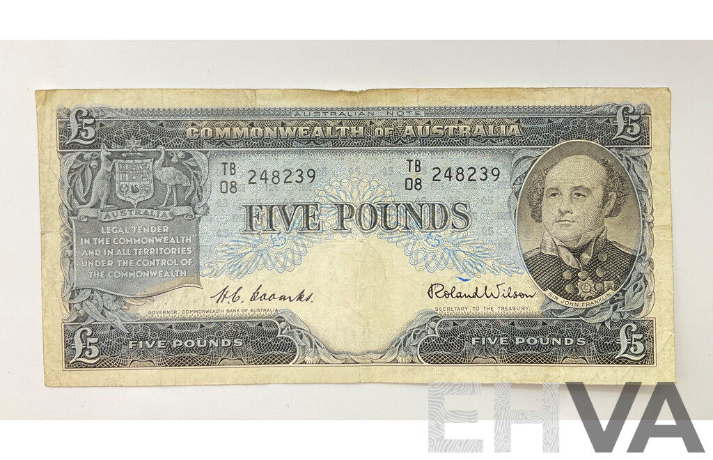 Australian 1954 Five Pound Note R49 Coombs/Wilson TB 08 248239