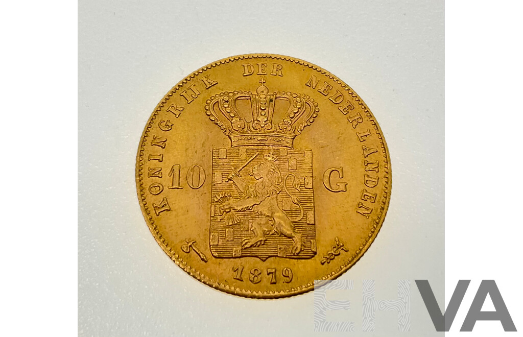 Netherlands 1879 Willem III Gold Ten Gulden Coin .900