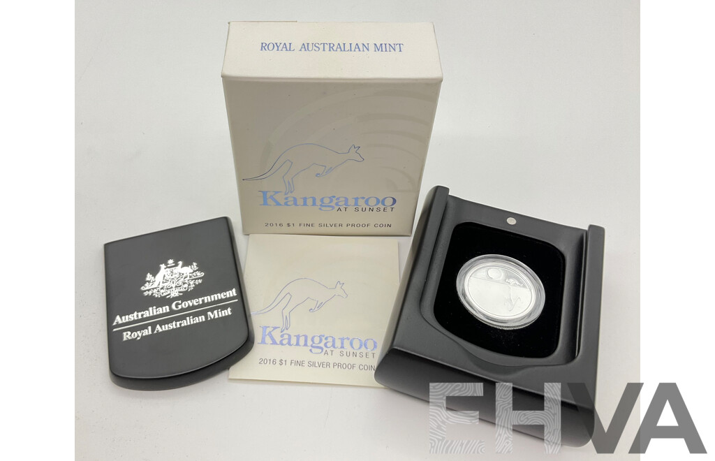 Australian RAM 2016 One Dollar Silver Proof Coin, Kangaroo at Sunset .999