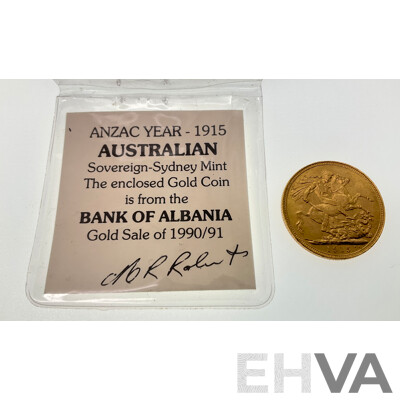 Australian 1915 KGV Gold Sovereign, Sydney Mint .917, Ex Bank of Albania Gold Sale 1990/91