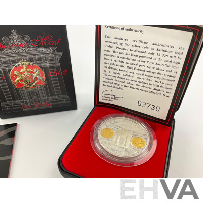 Australian RAM 2002 Silver Proof/Gold Inserts One Dollar Coin, Melbourne Mint 130 Years .999