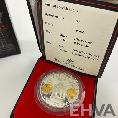 Australian RAM 2002 Silver Proof/Gold Inserts One Dollar Coin, Melbourne Mint 130 Years .999