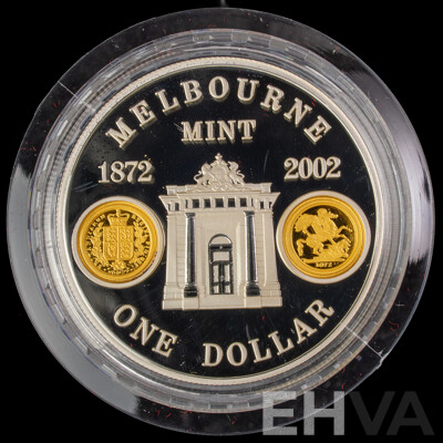 Australian RAM 2002 Silver Proof/Gold Inserts One Dollar Coin, Melbourne Mint 130 Years .999