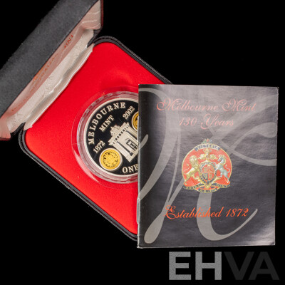 Australian RAM 2002 Silver Proof/Gold Inserts One Dollar Coin, Melbourne Mint 130 Years .999