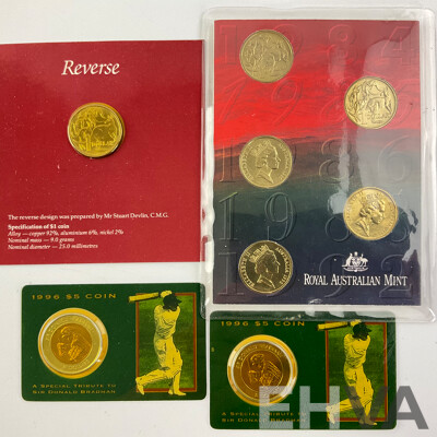 Australian RAM UNC One Dollar Coins Including Two 1996 Five Dollar Donald Bradman, 1984 First Year Issue, Five Coin Set Including 1984, 1985, 1986 Year of Peace......