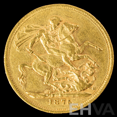 Australian 1875 QV Gold Sovereign, Melbourne Mint, St George Reverse .917