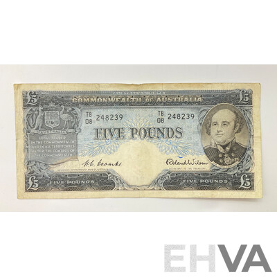 Australian 1954 Five Pound Note R49 Coombs/Wilson TB 08 248239