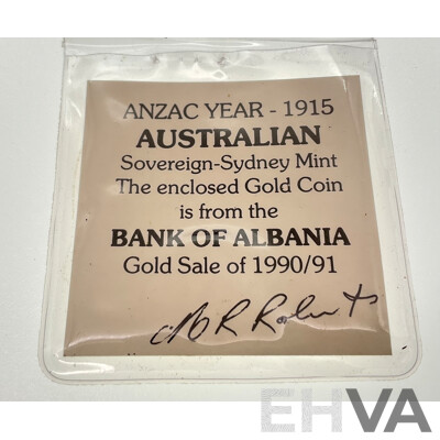 Australian 1915 KGV Gold Sovereign, Sydney Mint, M.R. Roberts, Ex Bank of Albania Gold Sale of 1990/91