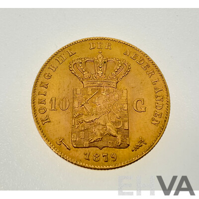 Netherlands 1879 Willem III Gold Ten Gulden Coin .900