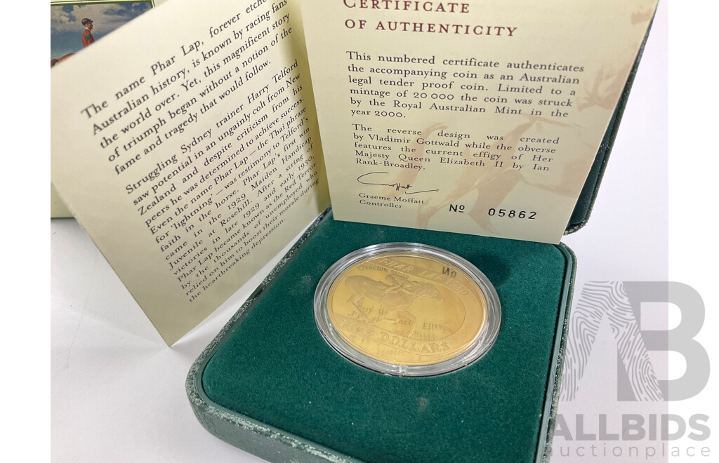 Australian RAM 2000 Proof Five Dollar Coin, 70th Anniversary of Phar Lap