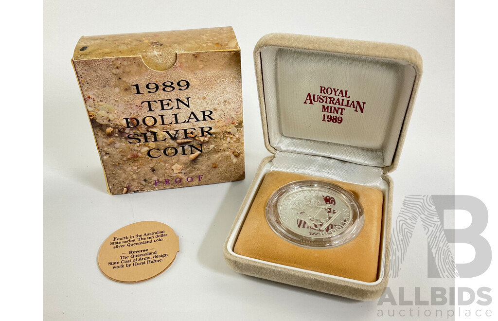 Australian RAM 1989 Silver Proof Ten Dollar Coin, State Series Queensland .925