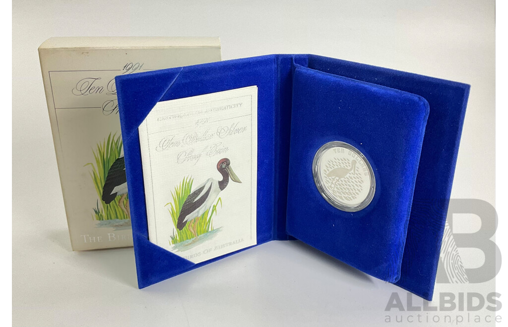 Australian RAM 1991 Silver Proof Ten Dollar Coin, Birds of Australia, Jabiru .925