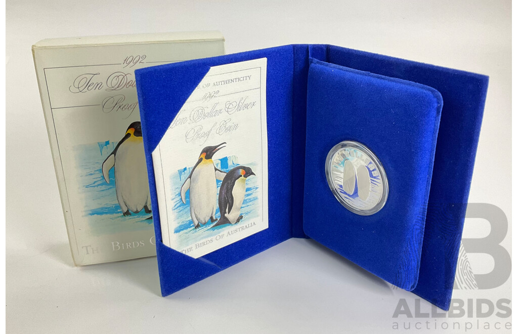 Australian RAM 1992 Silver Proof Ten Dollar Coin, Birds of Australia, Emperor Penguin .925