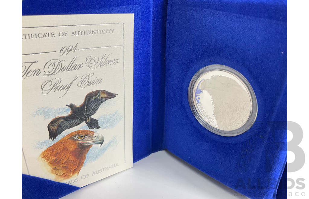Australian RAM 1994 Silver Proof Ten Dollar Coin, Birds of Australia, Wedged-Tail Eagle .925