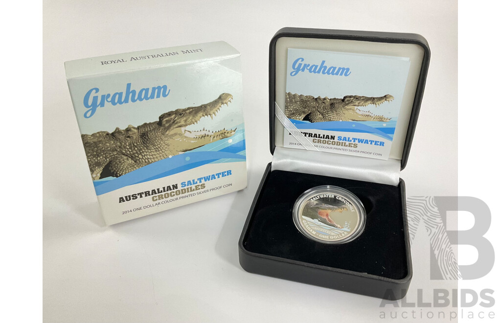 Australian RAM 2014 One Dollar Coloured Silver Proof Coin, Graham - Australian Saltwater Crocodiles .999